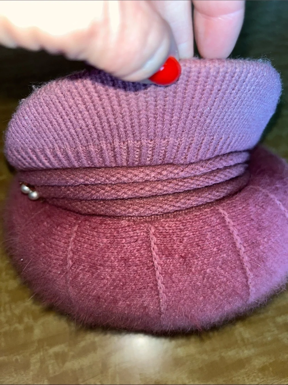 Source Unknown Pink Angora Newsboy Cap with Pearl Embellishment